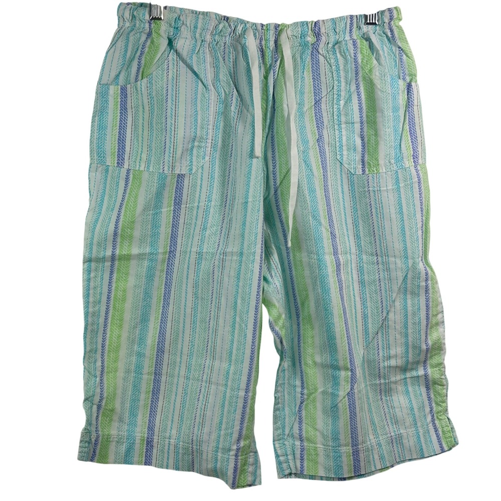 Fresh Produce Womens XL Striped Cotton Shorts Blue Green Drawstring APPSHNR